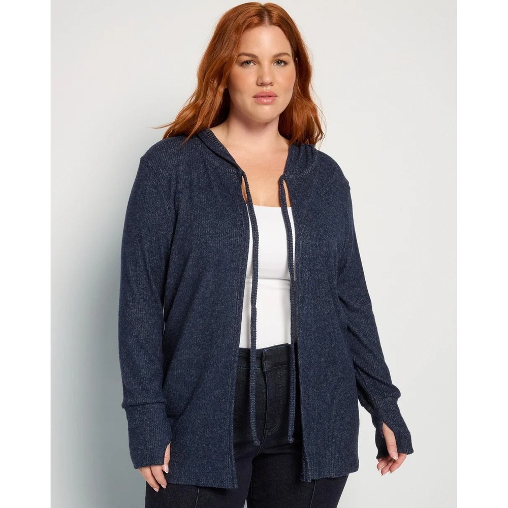 Loveappella Plus Size Hooded Cardigan with Tie Front Navy 1X Wantable